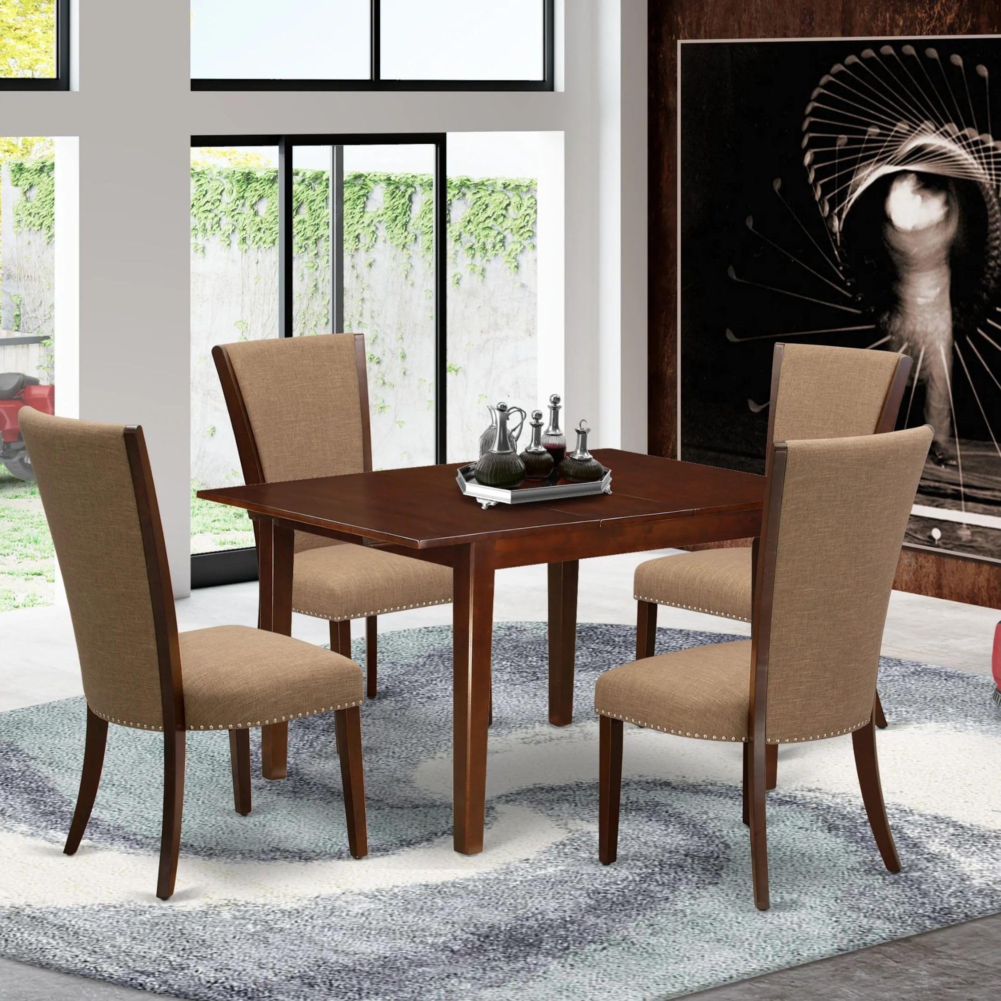 East West Furniture Mlve5-Mah-47 5 Piece Dining Room Set Includes A Rectangle Wooden Table With Butterfly Leaf And 4 Light Sable Linen Fabric Parsons Dining Chairs, 36X54 Inch, Mahogany